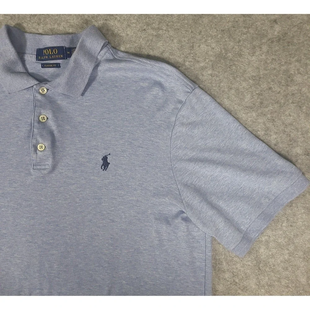 Polo Ralph Lauren Mens Heathered Blue Classic Fit Short Sleeve‎ Polo Medium